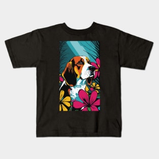 Beagle Dog Vibrant Tropical Flower Tall Retro Vintage Digital Pop Art Portrait 2 Kids T-Shirt